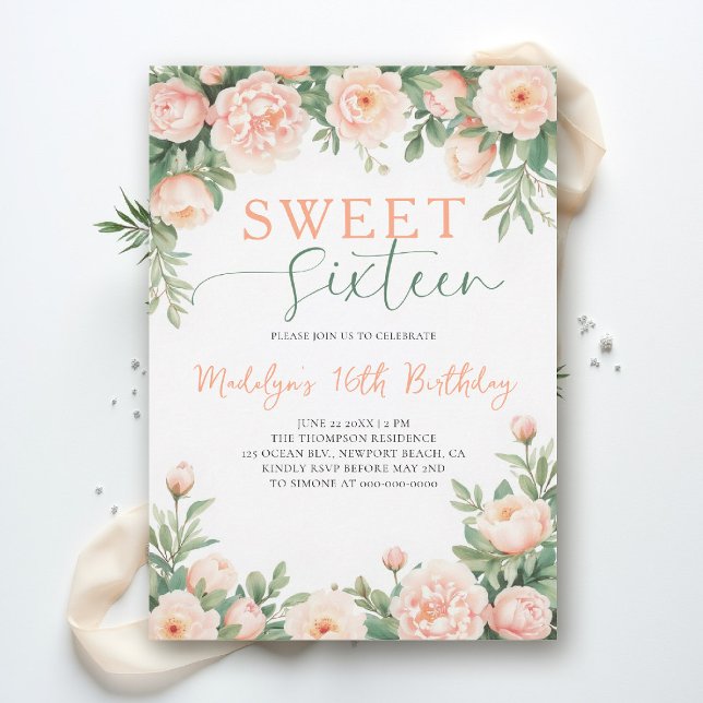Invitation Pivoines Rose Pêche Floral Élégant Script Douce 16 (sweet sixteen birthday invitation peony floral peach pink green script elegant classy watercolor)