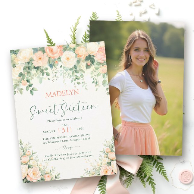 Invitation Pivoines Rose Pêche Script Élégant Photo Sweet 16 (sweet sixteen birthday invitation peony floral peach pink green script elegant classy photo)