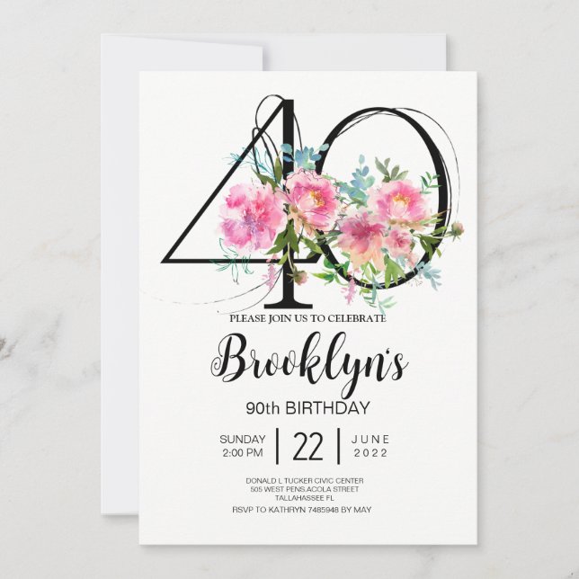 Invitation Pivoines roses 40e anniversaire (Devant)