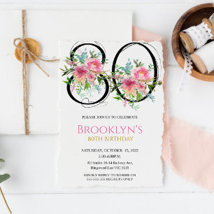Invitation Pivoines roses 80e anniversaire