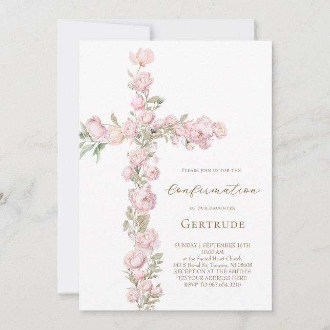 Invitation pivoines roses croix Confirmation (Devant)