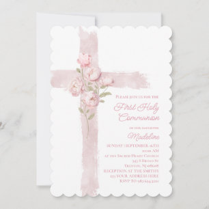 Invitation pivoines roses croix Première communion