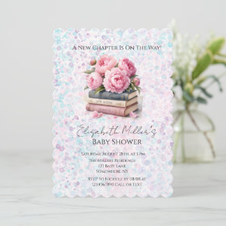 Invitation Pivoines roses et livres Fille Baby Shower Nouveau
