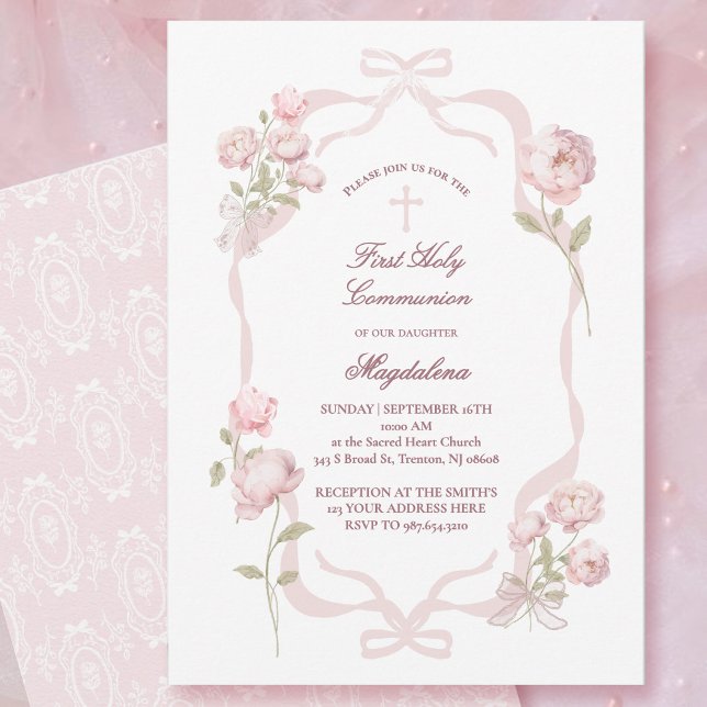 Invitation pivoines roses fille de première communion (Créateur téléchargé)