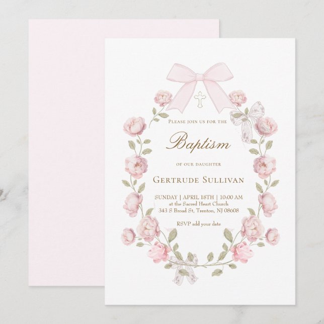 Invitation pivoines roses fleurs Baptême (Devant / Derrière)