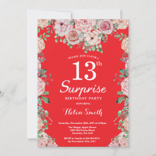 Invitation Pivoines roses florales 13e anniversaire surprise 