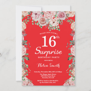 Invitation Pivoines roses florales 16e anniversaire surprise