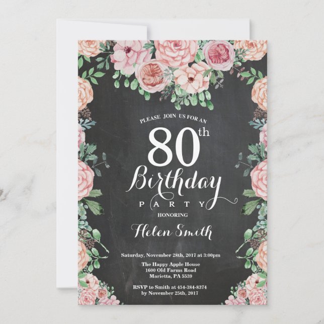 Invitation Pivoines roses florales 80e anniversaire tableau n (Devant)