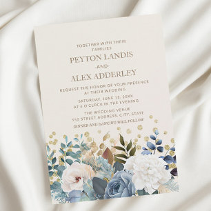 Invitation Pivoines Roses Florales Blanches Bleu Poussiéreux