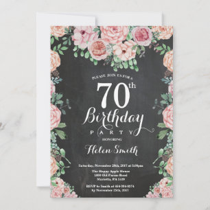 Invitation Pivoines roses florales tableau noir 70e anniversa