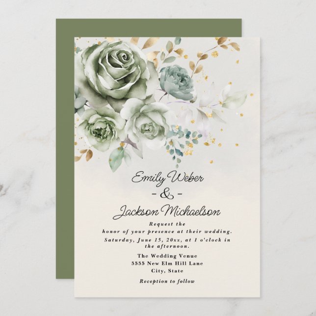 Invitation Pivoines Roses Vertes Mariage Élégant Paillettes D (Devant / Derrière)