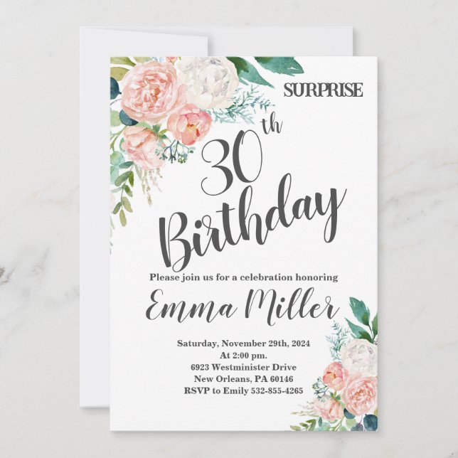 Invitation Pivoines Vert Menthe Et Rose 30e Anniversaire (Devant)