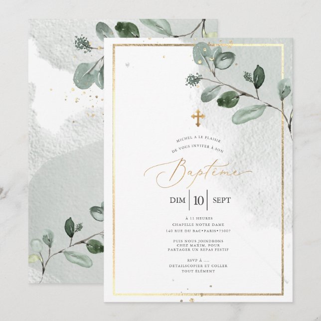 Invitation Pix-Dezines Baptême d'Eucalyptus Rustique Aquarell (Devant / Derrière)