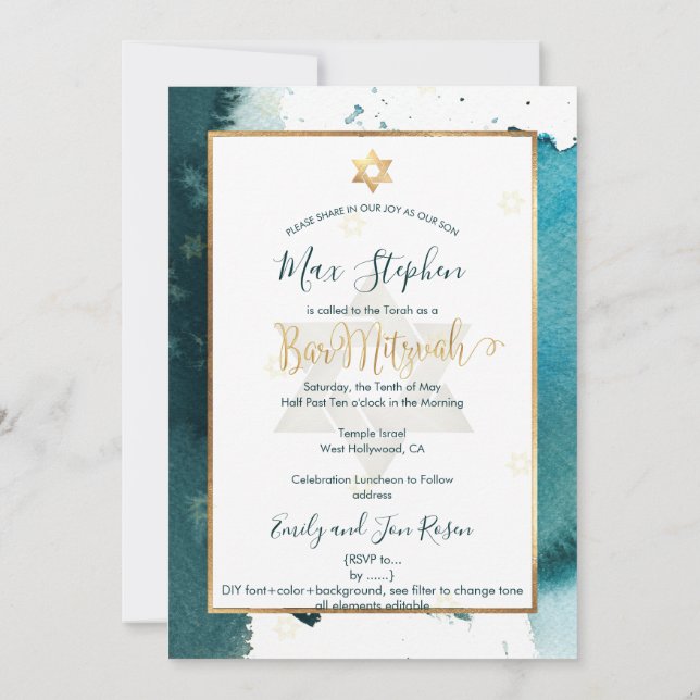 Invitation Pix-Dezines Bar Mitzvah|Aquarelle verte Turquoise (Dos)