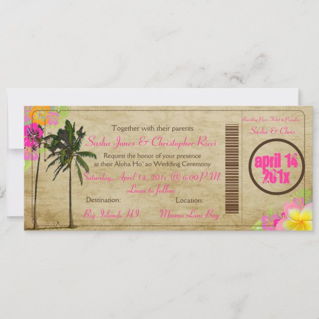 Invitation Pix-Dezines Boarding Pass/palmiers jumeaux vintage (Devant)
