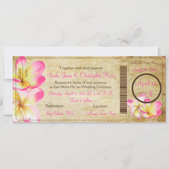 Invitation Pix-Dezines Boarding Pass Plumerias roses (Devant)