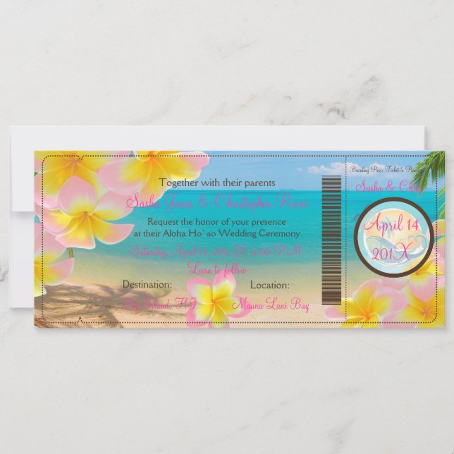 Invitation Pix-Dezines Boarding Pass Plumerias roses+plage (Devant)