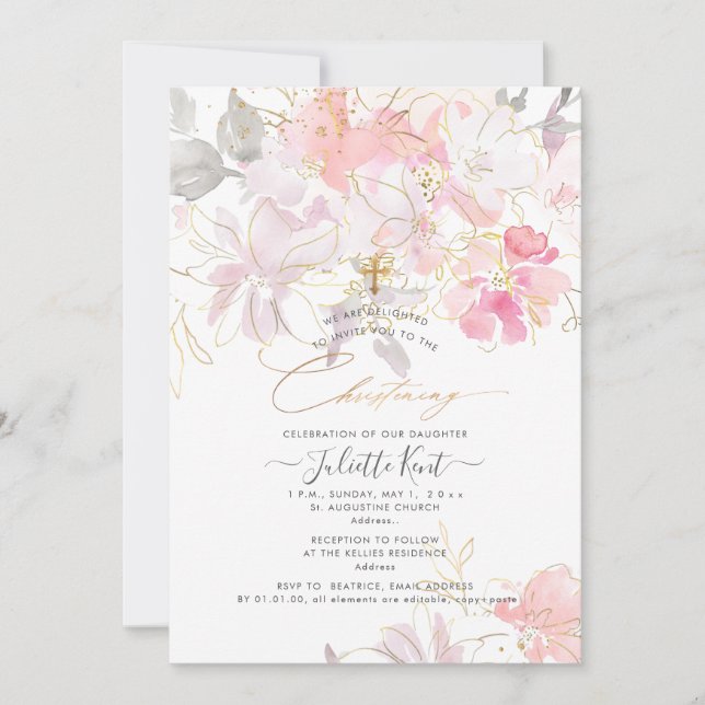 Invitation PixDezin Aquarelle Blush Sweetpeas Christening (Devant)