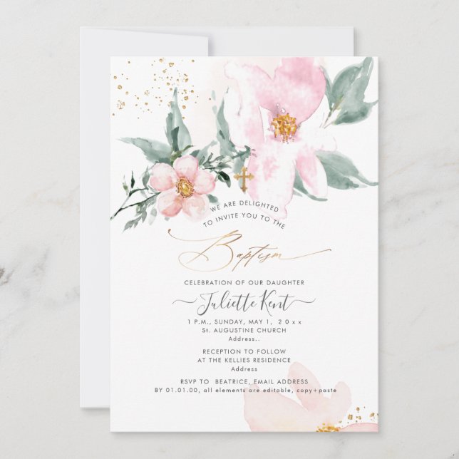 Invitation PixDezin H2 Fleur de Ronce de Roses Baptême (Devant)