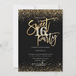 Invitation PixDezine Sweet 16 Diamant Noir Or Paillettes