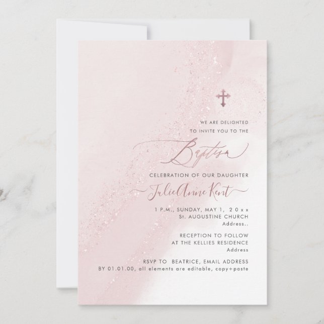 Invitation PixDezines Alcool Blush Rose Rose Or Baptême (Devant)