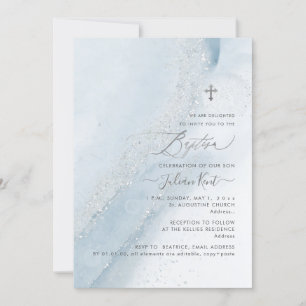 Invitation PixDezines Alcool+Encre Dusty Baptême d'argent ble