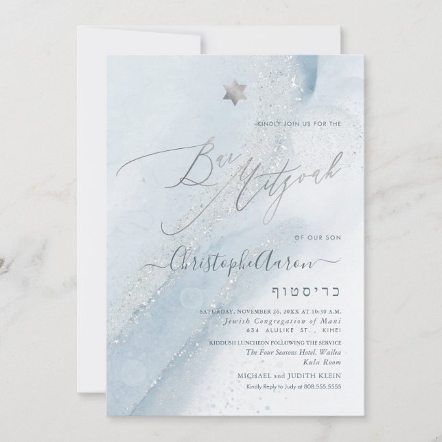 Invitation PixDezines Alcool+Encre Dusty Blue Argent Mitzvah (Devant)