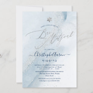 Invitation PixDezines Alcool+Encre Dusty Blue Argent Mitzvah