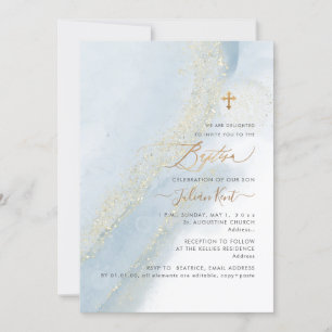 Invitation PixDezines Alcool+Encre Dusty Blue Gold Baptême