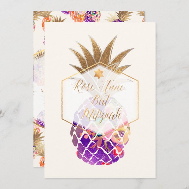 Invitation PixDezines Aloha Ananas/Aquarelle/Bat mitzvah (Devant / Derrière)