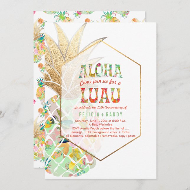 Invitation PixDezines Aloha Hawaiian Pineapples/Mint Green (Devant / Derrière)