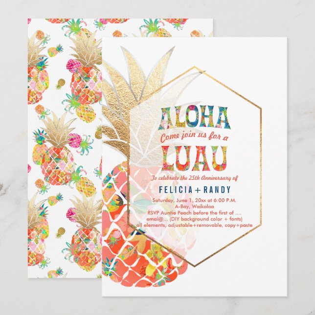 Invitation PixDezines Aloha Hawaiian Pineapples/Orange/do-it- (Devant / Derrière)