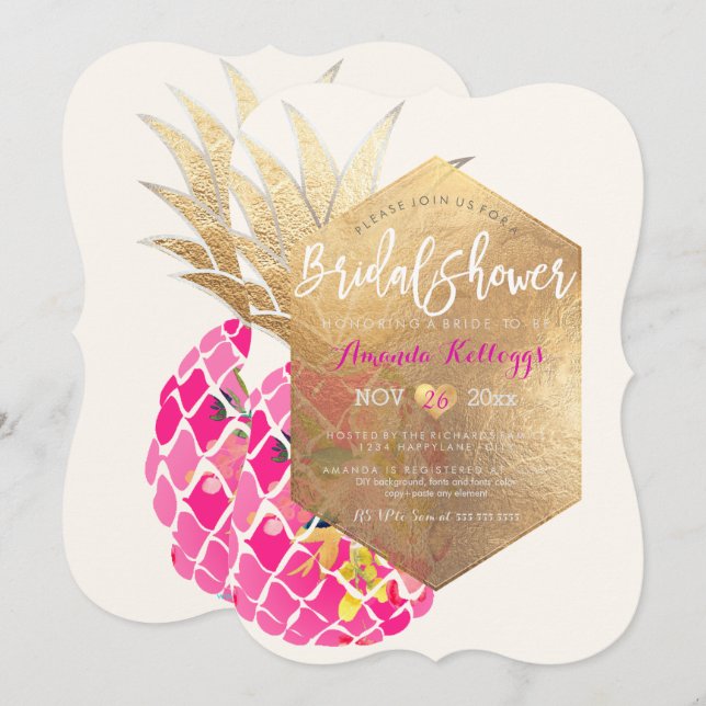 Invitation PixDezines Aloha Pineapple Fête des mariées+Faux G (Devant / Derrière)