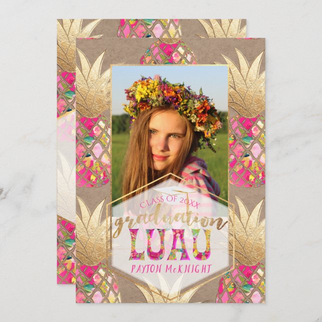 Invitation PixDezines Aloha Pineapples, Graduation Luau (Devant / Derrière)
