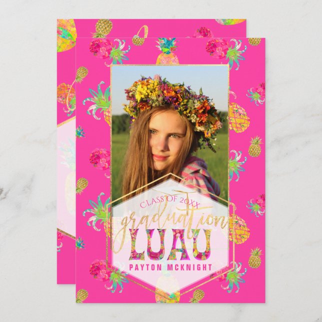 Invitation PixDezines Aloha Pineapples Graduation Luau (Devant / Derrière)