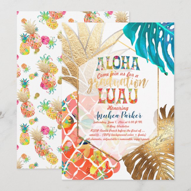 Invitation PixDezines Aloha Pineapples/Orange/Graduation Luau (Devant / Derrière)