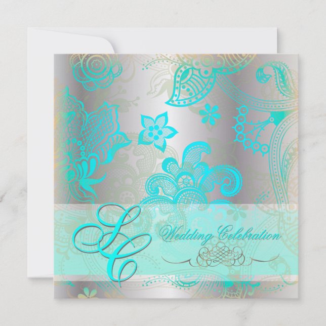 Invitation PixDezines aqua bleu floral lace+faux argent (Devant)