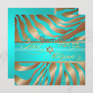 Invitation PixDezines Aqua+Tan Zebra Stripes, Bat mitzvah