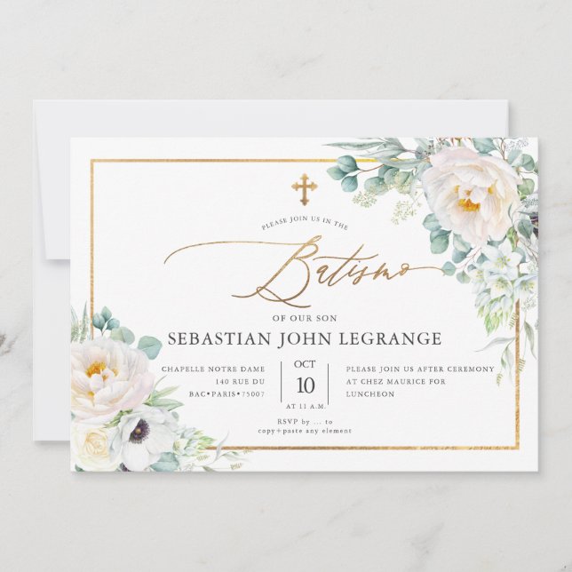 Invitation PixDezines AquarelaPeônias Eucalipto Batismo (Devant)