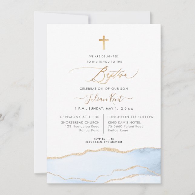 Invitation PixDezines Aquarelle Agate Bébé Baptême Bleu Or (Devant)