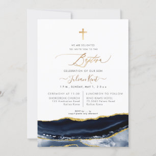 Invitation PixDezines Aquarelle Agate Marine Baptême d'or ble