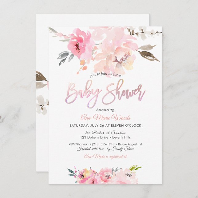 Invitation PixDezines Aquarelle, Baby shower Peonies Roses Da (Devant / Derrière)