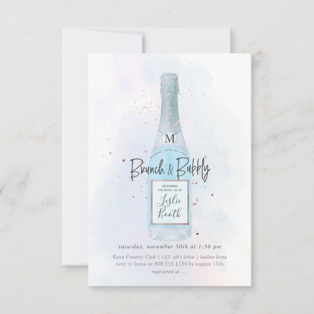 Invitation PixDezines Aquarelle Bleu Champagne Brunch Bubbly (Devant)