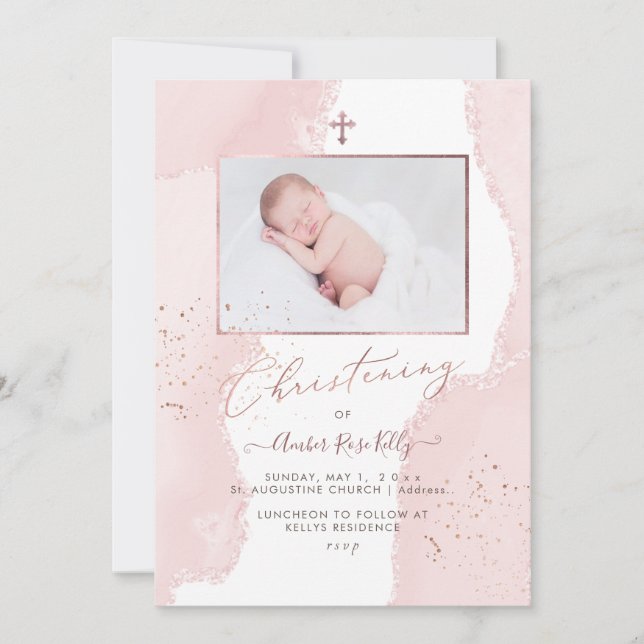 Invitation PixDezines Aquarelle Bleu Rose Christening (Devant)