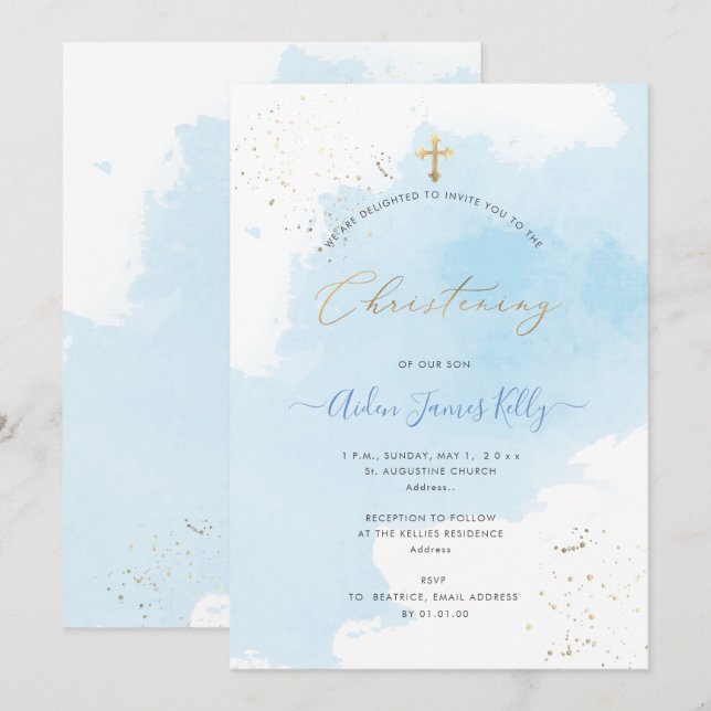Invitation PixDezines Aquarelle Bleue Confetti Christening (Devant / Derrière)