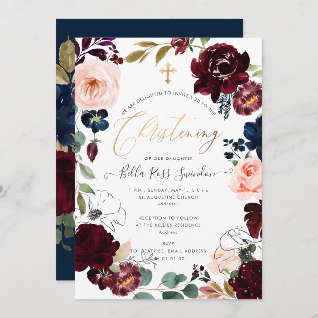 Invitation PixDezines Aquarelle Blush+Courbe Bourgogne (Devant / Derrière)