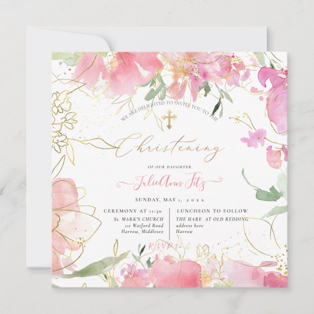 Invitation PixDezines Aquarelle Blush Sweet Peas Christening (Devant)