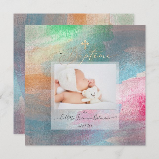Invitation PixDezines Aquarelle Brossé Baptême Fille (Devant / Derrière)