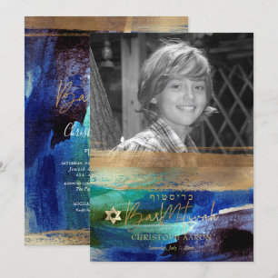 Invitation PixDezines Aquarelle Brossée Barre Bleue Mitzvah