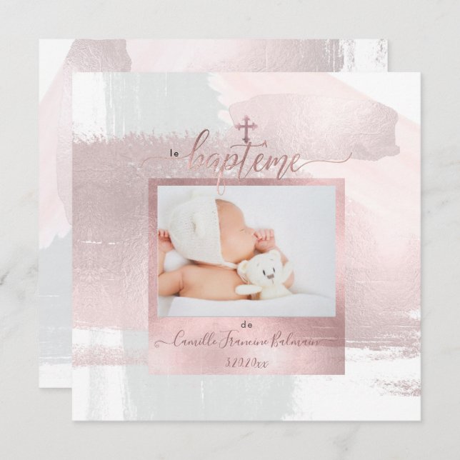 Invitation PixDezines Aquarelle Brush, Baptême Fille (Devant / Derrière)